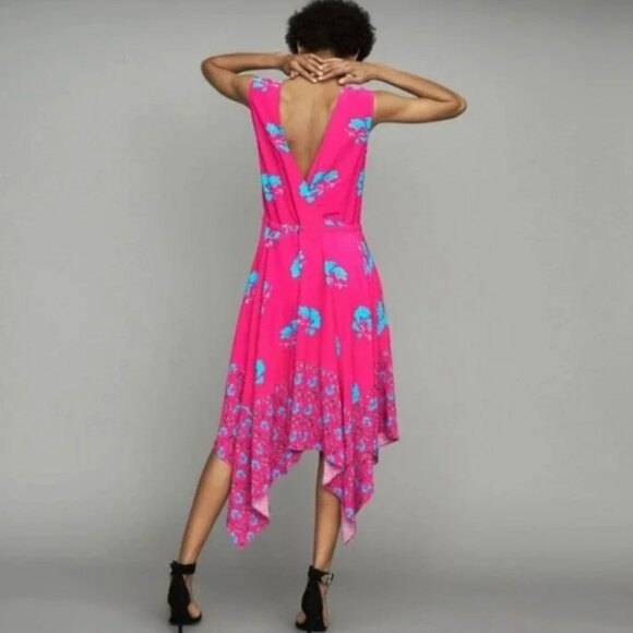 Maje Rushia Dress Midi Sleeveless Handkerchief Hem  Floral Pink Blue Size Large - Picture 6 of 13